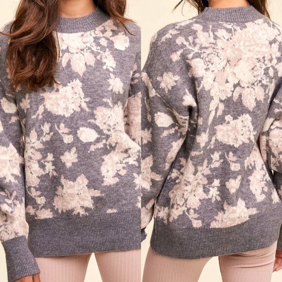 Listicle Gray Skies Floral Sweater, Small, Crew Neck Knit Ribbed Grandmacore - Picture 1 of 13